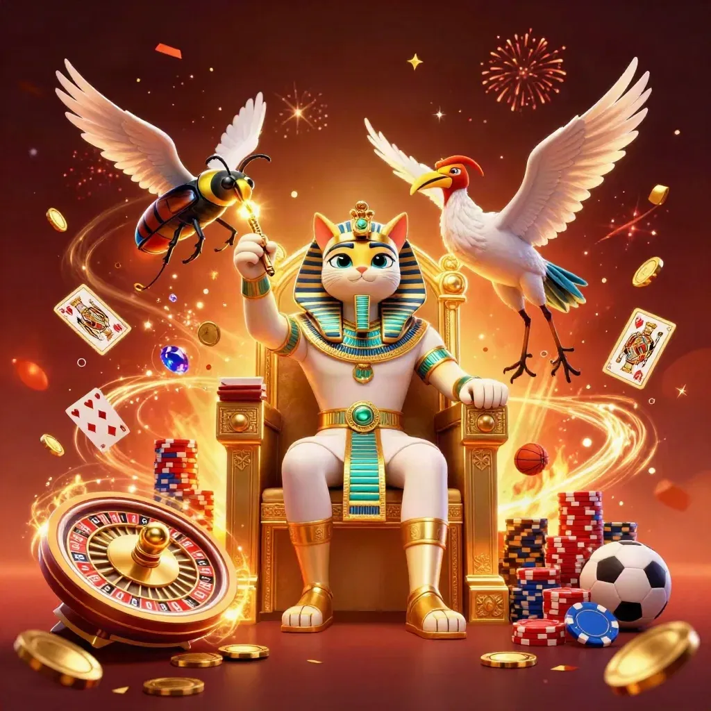 Pharaoh cat on golden throne with ibis scribe, scarabs, coins, roulette wheel, chips, sports balls, and glowing effects