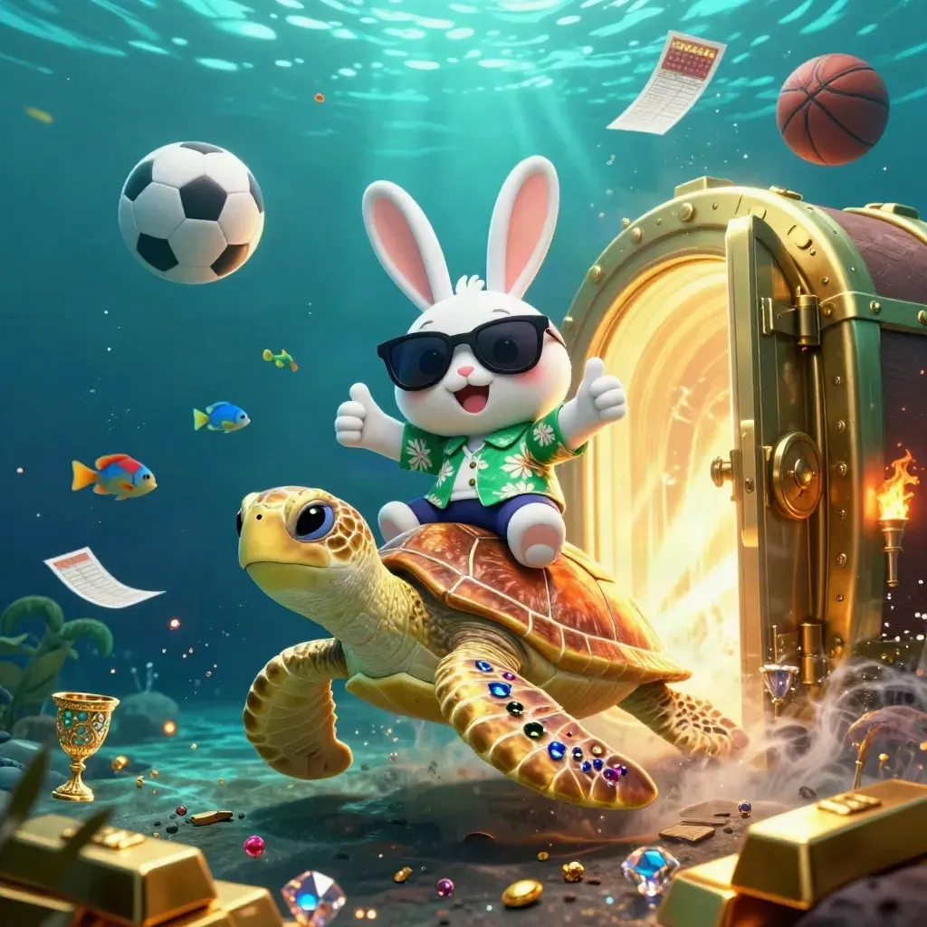 Cartoon rabbit rides a golden turtle underwater as sports gear and treasure burst in neon light.