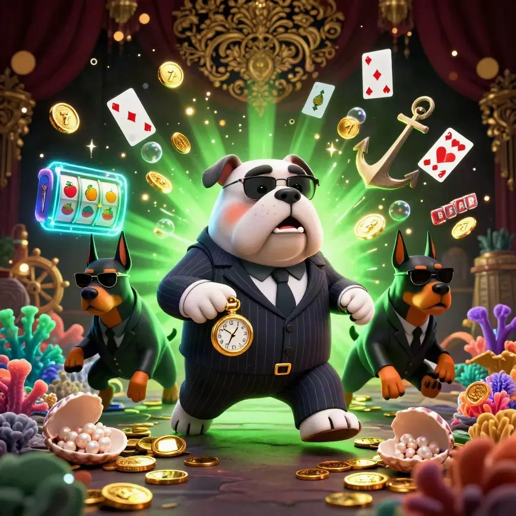 Bulldog boss and Doberman bodyguards in a neon treasure cove with coins, coral, and gold glow