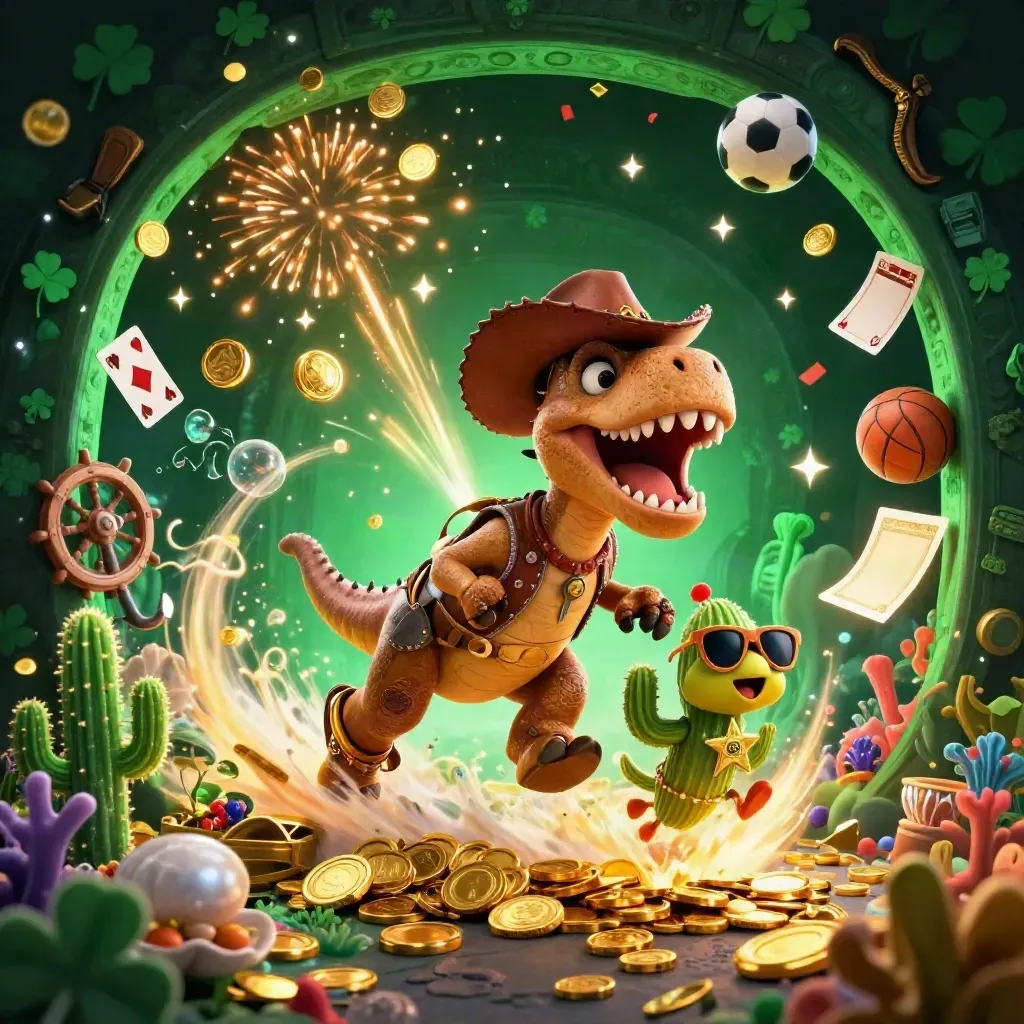 Cowboy T-Rex, cactus sidekick, and roadrunner amid gold coins, coral, and fireworks in a casino splash.
