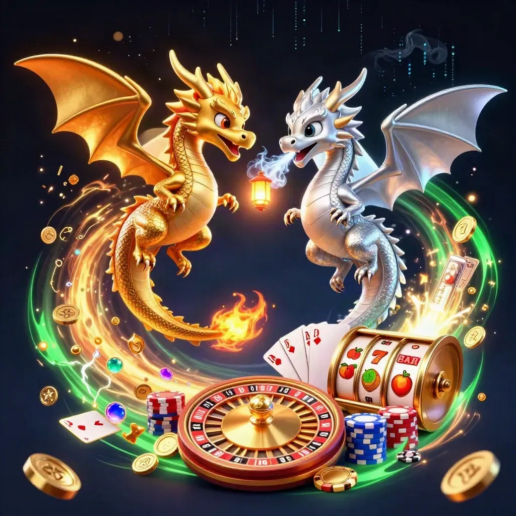 Gold and silver dragons form a yin-yang with coins, cards, reels and neon energy on dark navy.